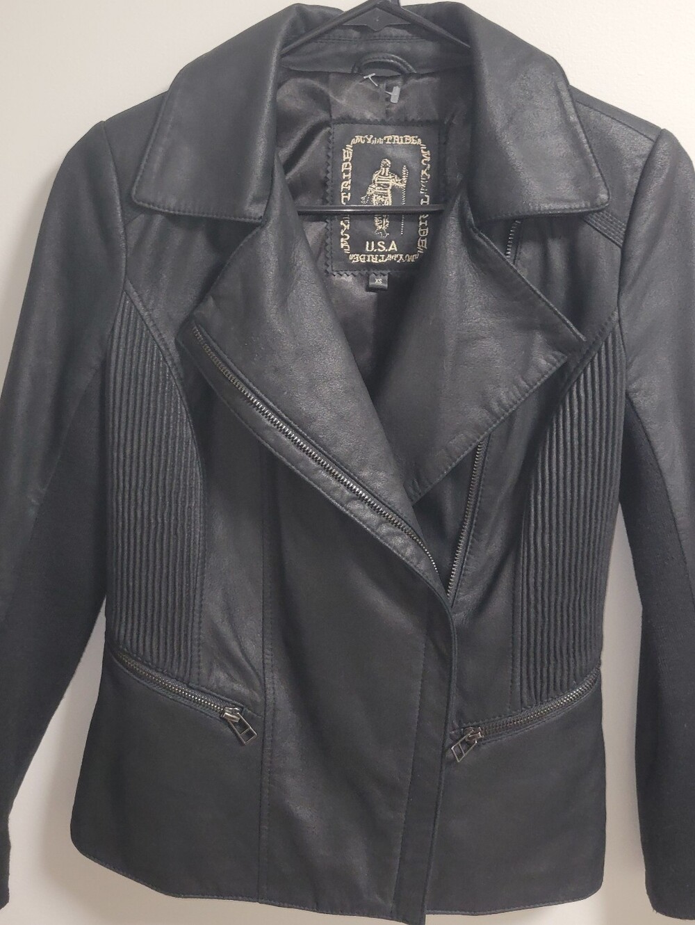 My Tribe Black 100% Genuine Leather Moto Biker Jacket with Ribbed Panels XS